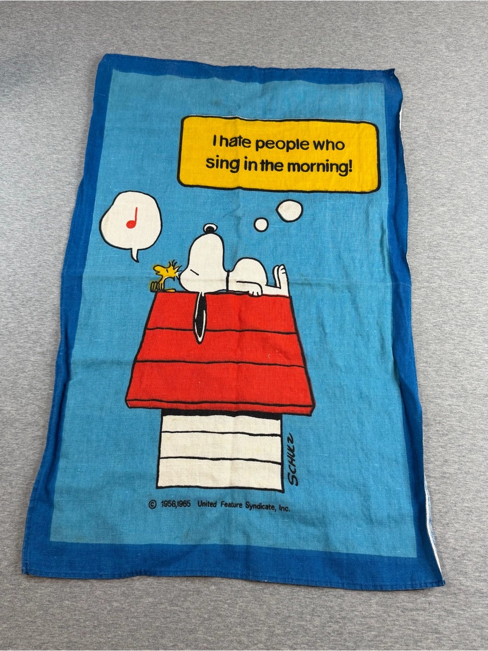 Peanuts "I Hate People Who Sing in the Morning" Tea Towel Vintage 1965 Ireland